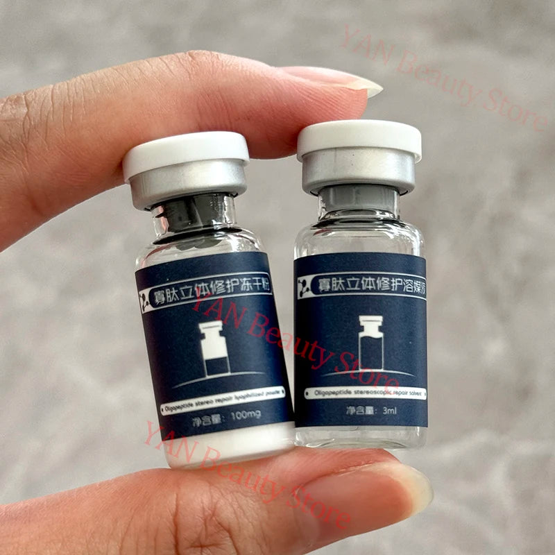 Set de oligopéptidos antiarrugas en polvo liofilizado, suero nutritivo, reparador de colágeno y reafirmante con ácido hialurónico para el cuidado de la piel.