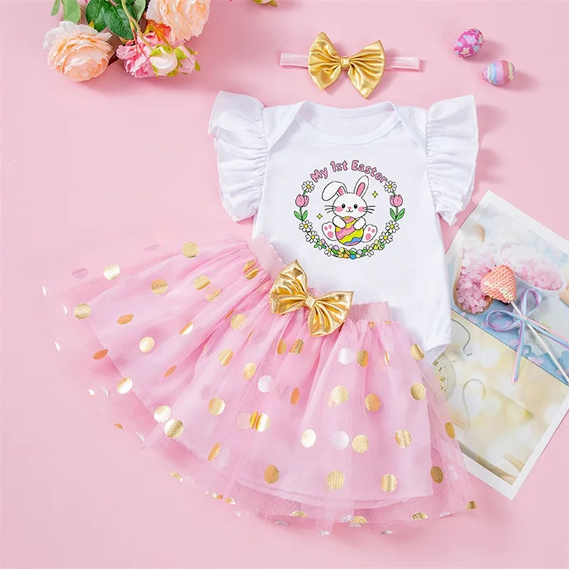 Toddler Girls Spring Floral Print Ruffle Sleeve Romper with Matching Bow Headband and Tulle Skirt - Easter Outfit - Lootquake