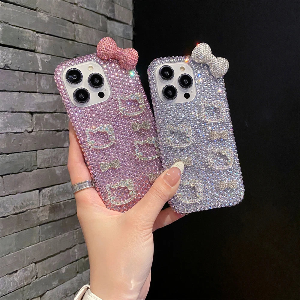 Funda para teléfono con lazo rosa y cara de Hello Kitty con purpurina de diamante