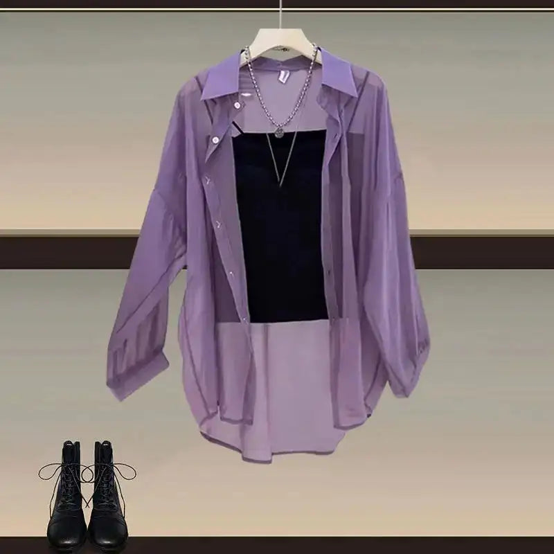 Summer Set Women's 2024 New Style Wear Sunscreen Chiffon Shirt with Slimming Slimming Suit Pants Three Piece Set - Lootquake