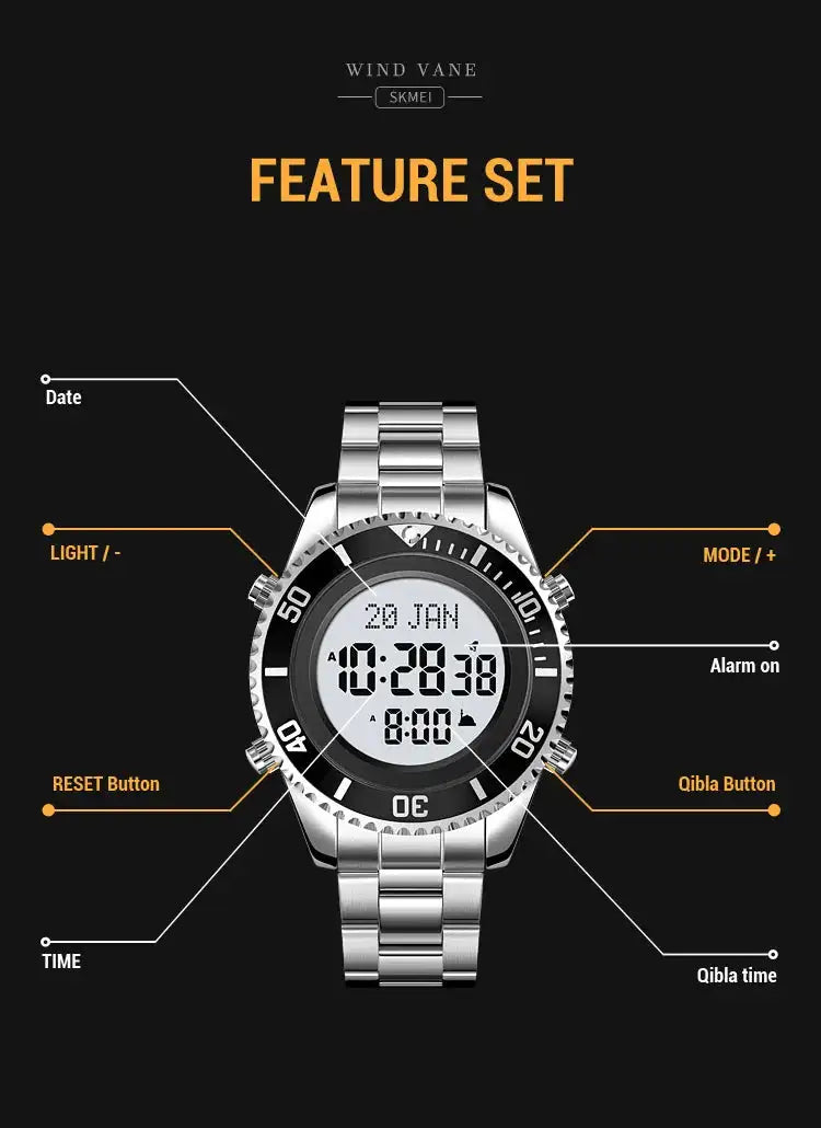 SKMEI 2141 Stainless Steel Digital Watche Muslim Azan Prayer Compass Clock Adhan Alarm Hijri Islamic Wristwatch with Back Light - Lootquake