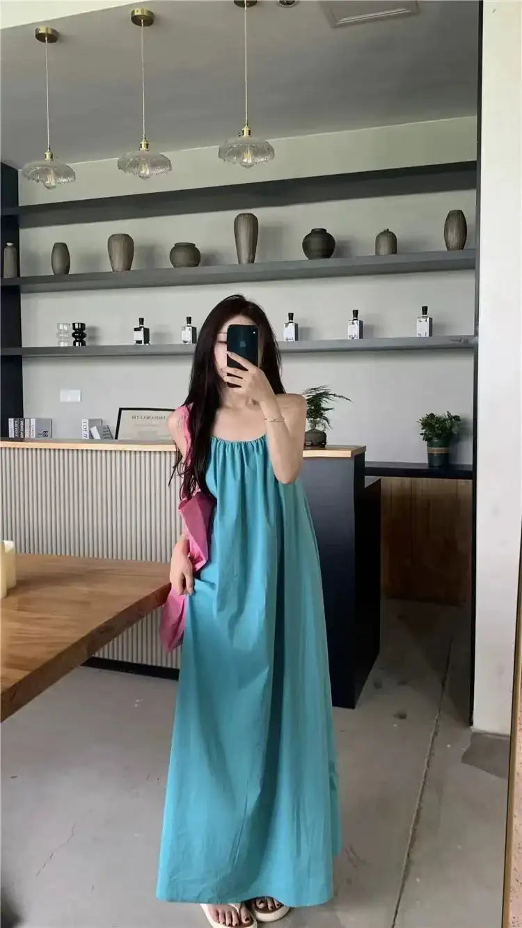 Summer Vacation Dress Thailand Style Open-back Halter Neck Age-reducing Photography Beach Long Dress Belted - Lootquake