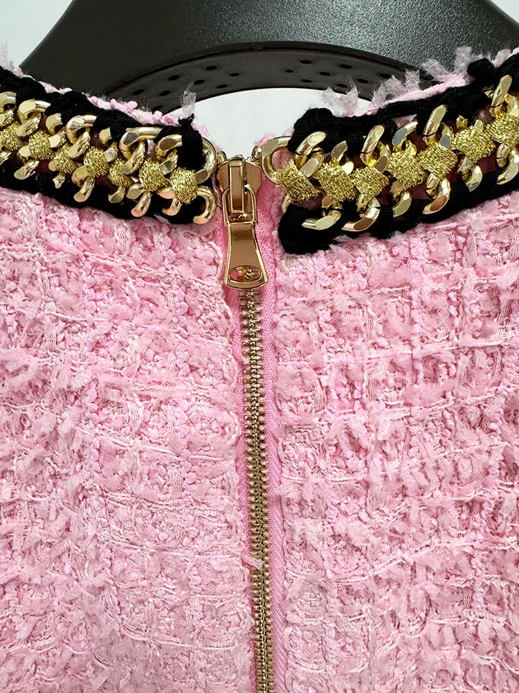 HIGH STREET Newest 2024 Runway Designer Fashion Women's Sleeveless Metal Chains Embellished Tweed Vest Cropped Tank Top - Lootquake