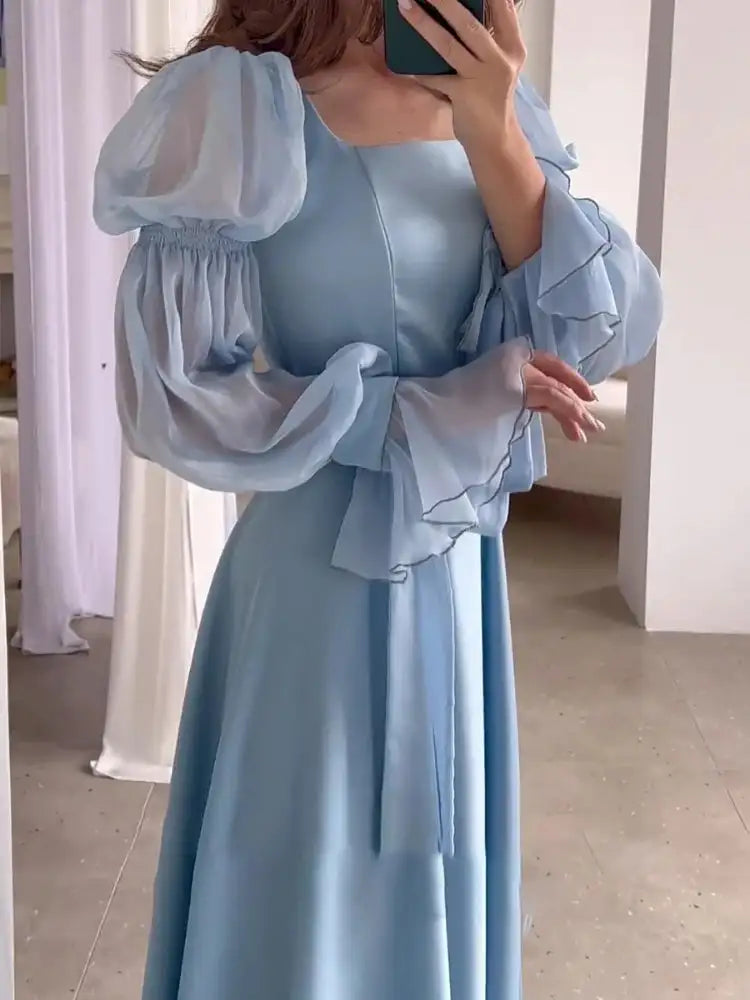 Eid Muslim Party Dress Women Sweet Puff Sleeve Long Dress Square Collar Vestidos Largo Ramadan Abayas Dubai Arab Long Robe 2024 - Lootquake