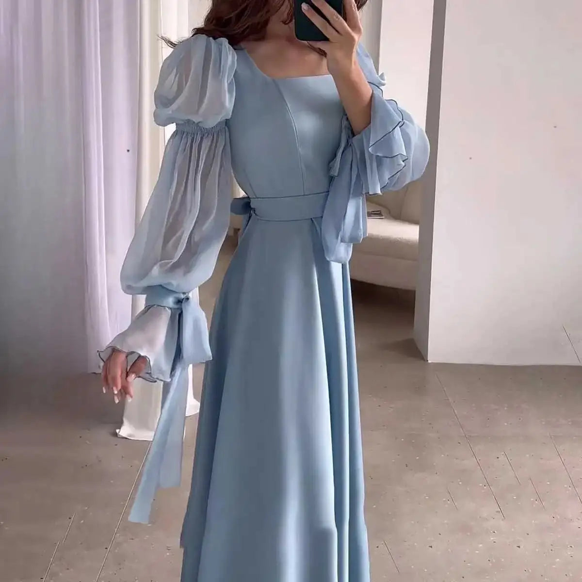 Eid Muslim Party Dress Women Sweet Puff Sleeve Long Dress Square Collar Vestidos Largo Ramadan Abayas Dubai Arab Long Robe 2024 - Lootquake