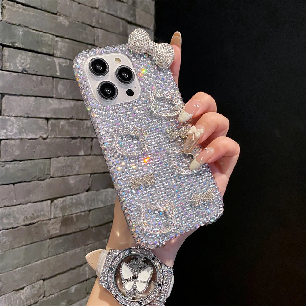 Funda para teléfono con lazo rosa y cara de Hello Kitty con purpurina de diamante