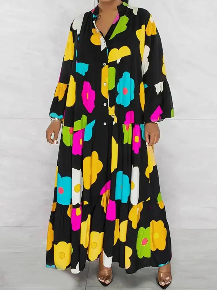 Plus Size New for Summer 2024 Women's Long Sleeve Floral Dress V-Neck Button Long Dress Long Sleeve Button Down Dress - Lootquake