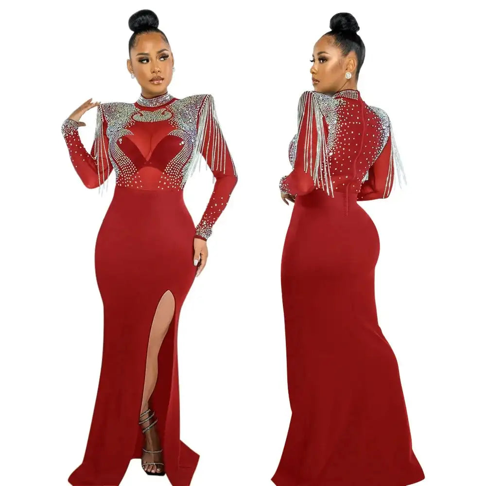 CM.YAYA Women Mesh See Through Long Sleeve Diamonds Hot Rhinestones Mermaid Long Dress Fall Evening Sexy Party Dresses Vestidos - Lootquake