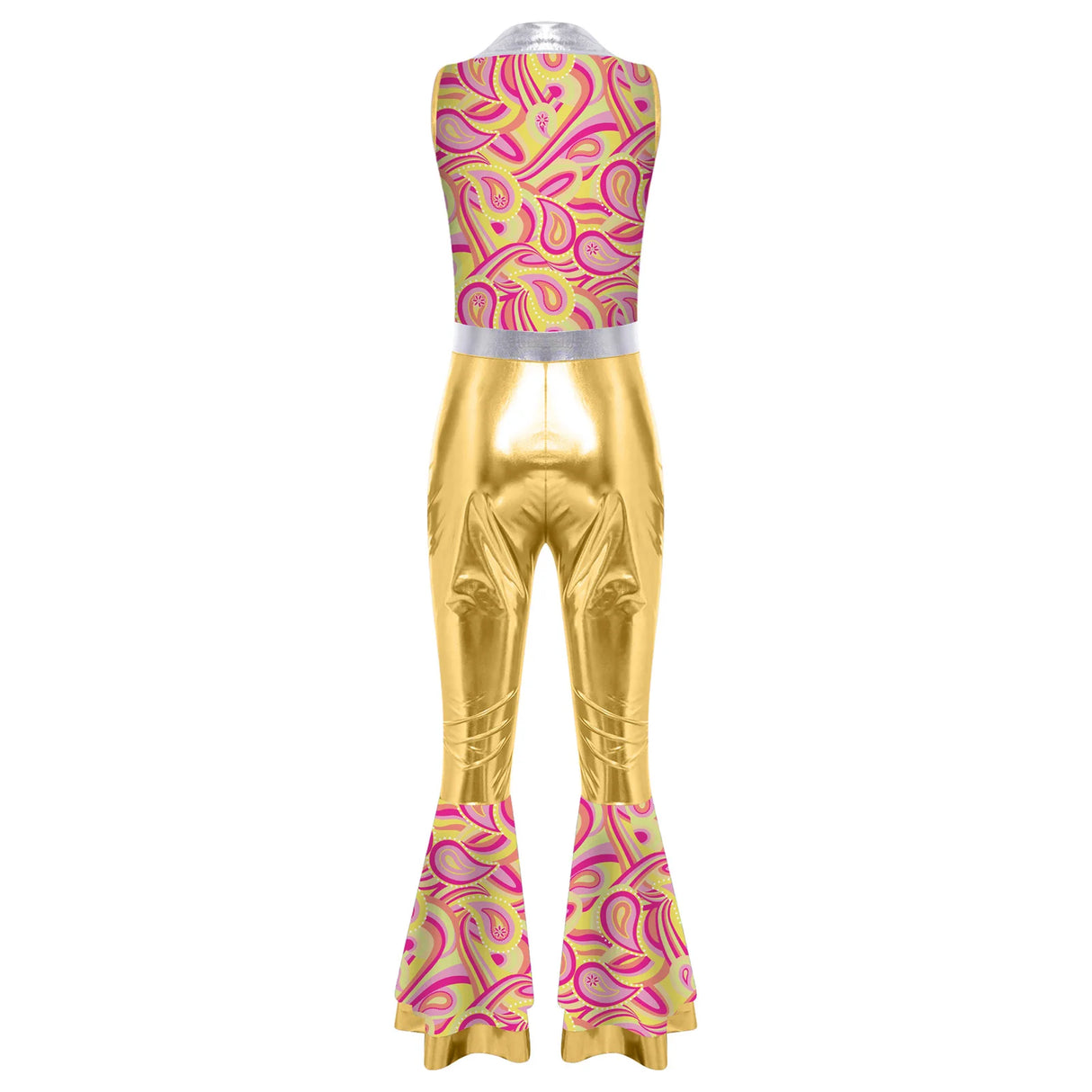 Womens Halloween Retro Hippie Cosplay Costume Party Hip-hop Dance Costume Metallic Shiny Vintage Carnival Bodysuit Jumpsuit