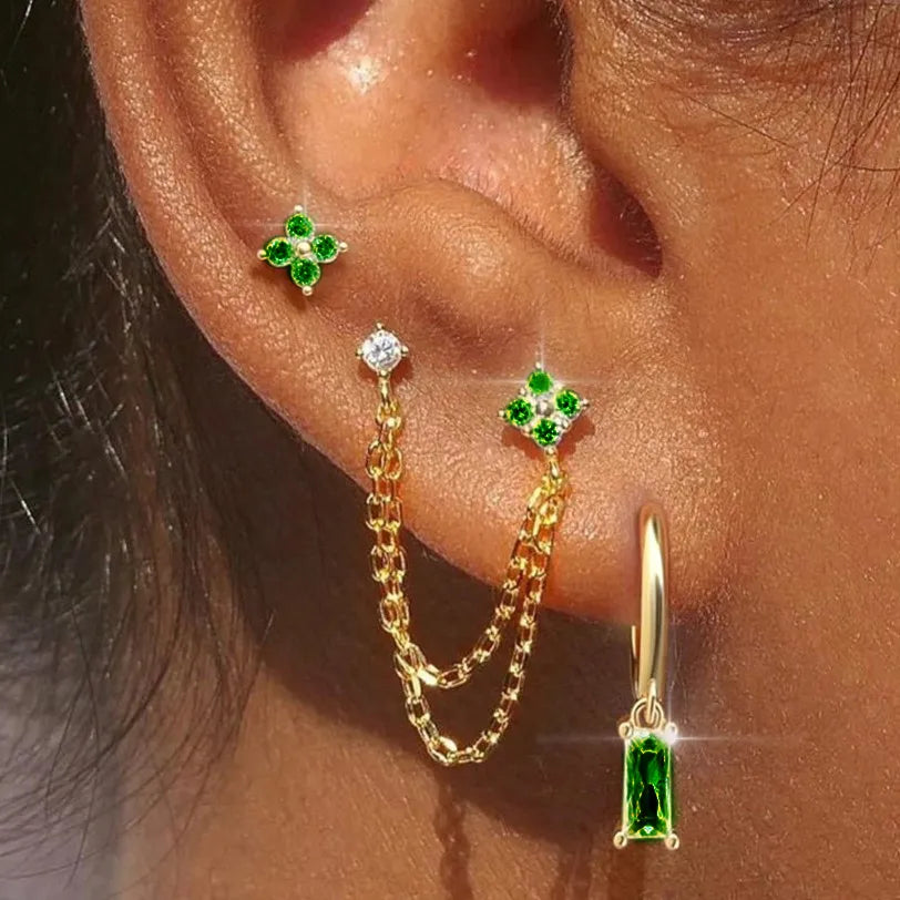 3PCS New Fashion Four Zircon Flower Hoop Earring Set For Women Stainless Steel Double Stud Chain Tassel Huggie Piercing Jewelry - Lootquake