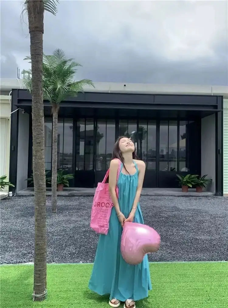 Summer Vacation Dress Thailand Style Open-back Halter Neck Age-reducing Photography Beach Long Dress Belted - Lootquake