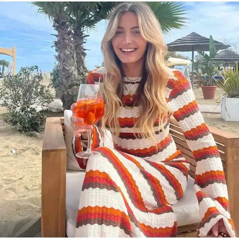 Striped Knitted Long Dress Women O-neck Backless Hollowed Out Long Sleeves Lady Bodycon Dress 2024 Spring Summer Vacation Robe - Lootquake