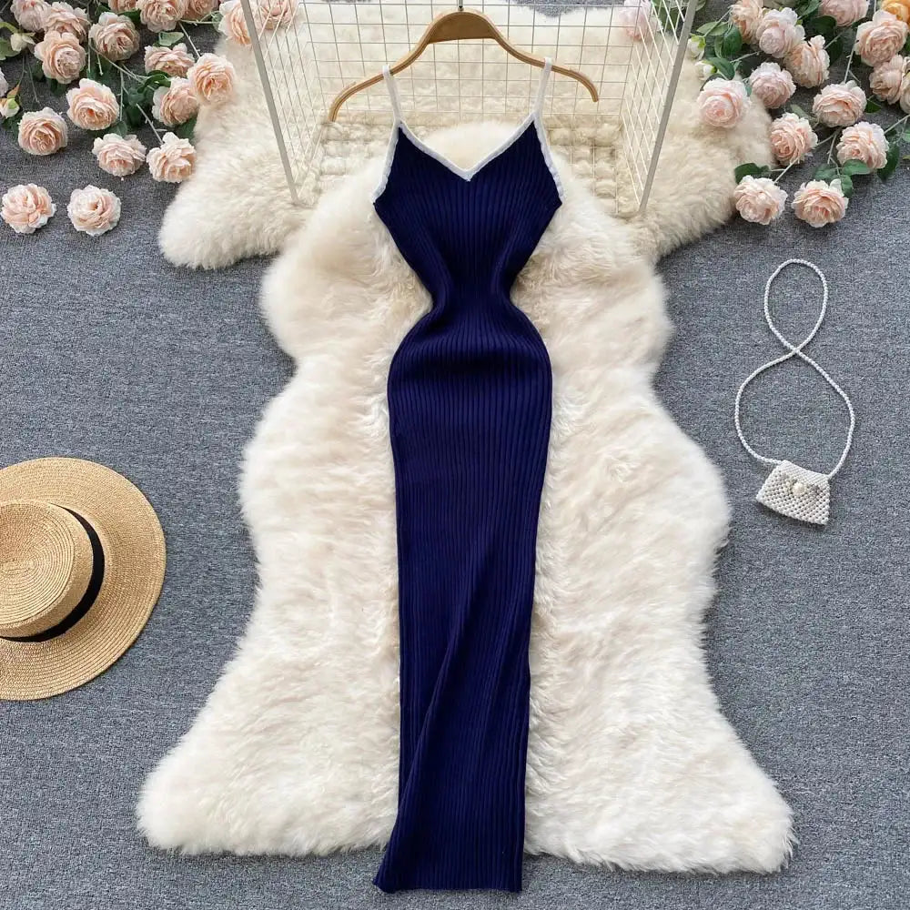 Summer V Neck Knit Sexy Strap Dress Women Elatic Waist Bodycon Sundress Female Beach Backless Maxi Long Dress - Lootquake