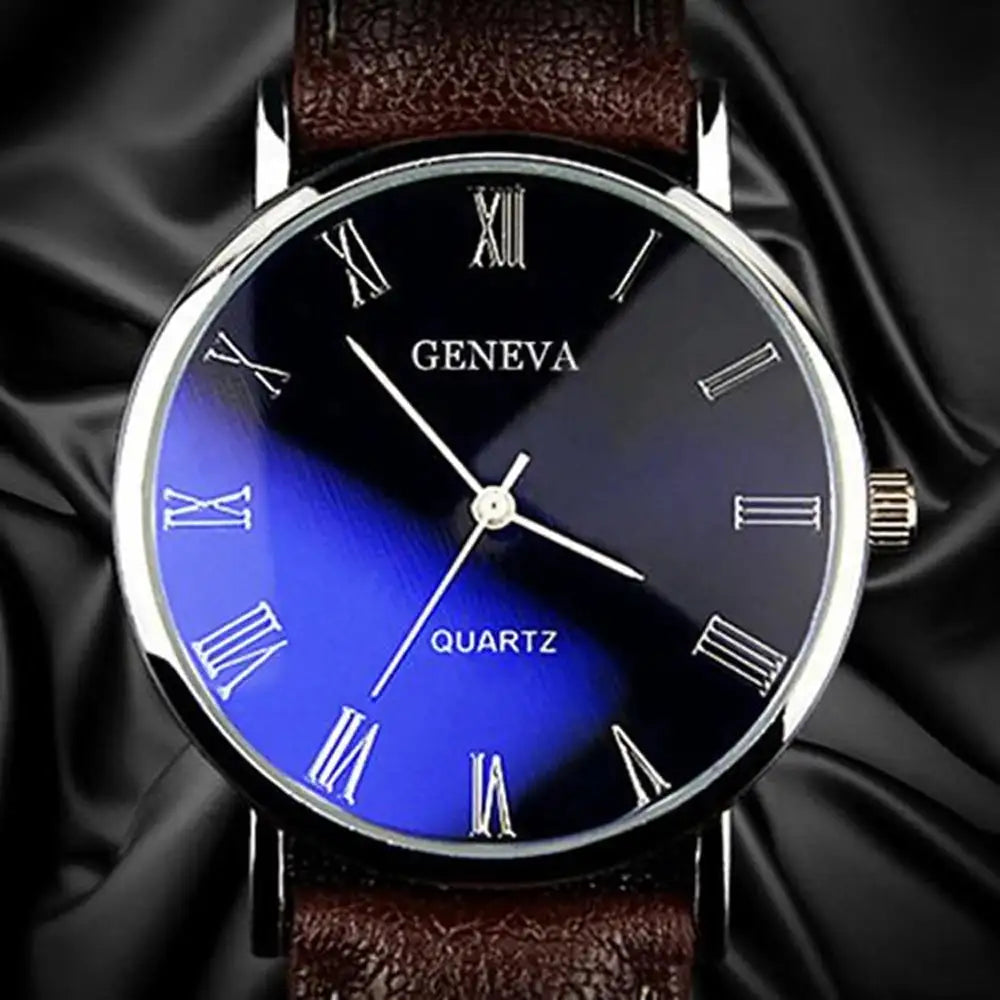 Men Watch Roman Numerals Blu-Ray Faux Leather Band Quartz Analog Business WristWatch 2022 - Lootquake