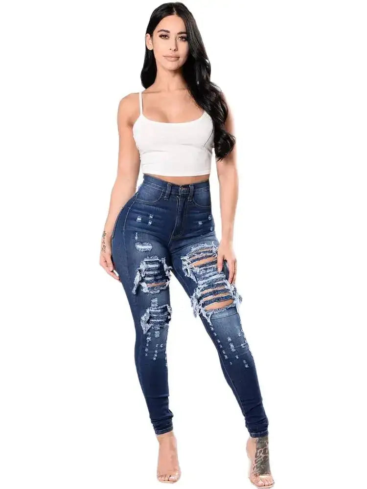 2023 Autumn High Waist Ripped Jeans For Women Fashion Stretch Skinny Denim Pencil Pants Casual Slim Trousers S-3XL - Lootquake