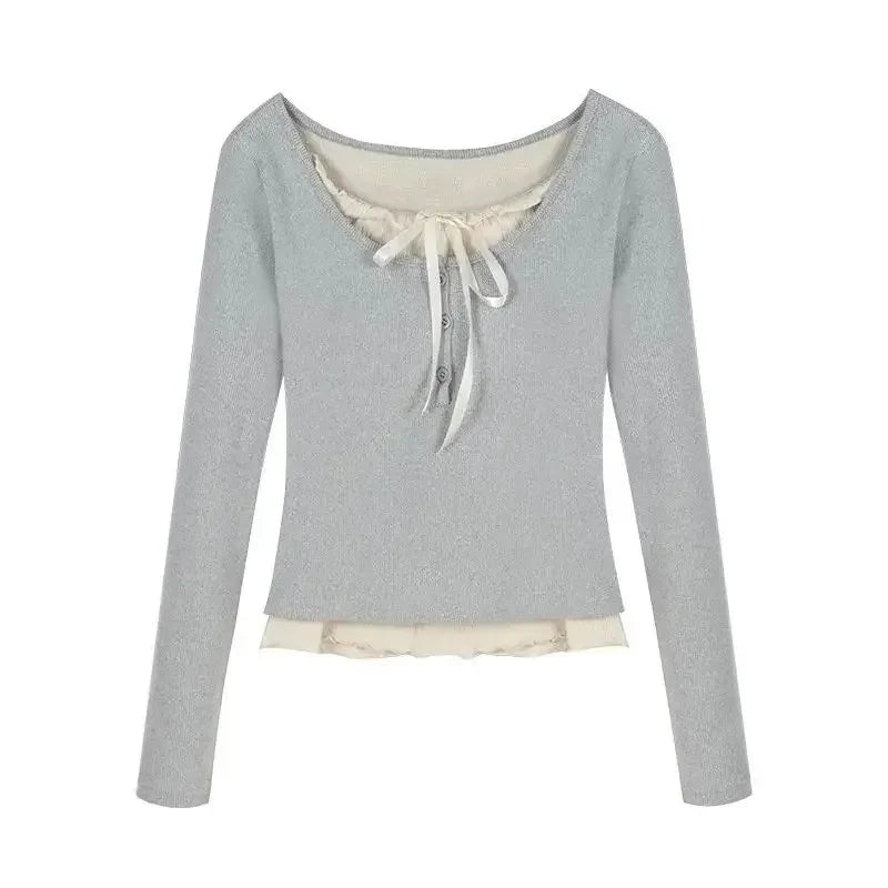 2024 Summer Kawaii Sweet Y2k Crop Tops Woman Casual Slim Long Sleeve Blouse Solid Korean Fashion Bodycon Pullover Office Lady - Lootquake