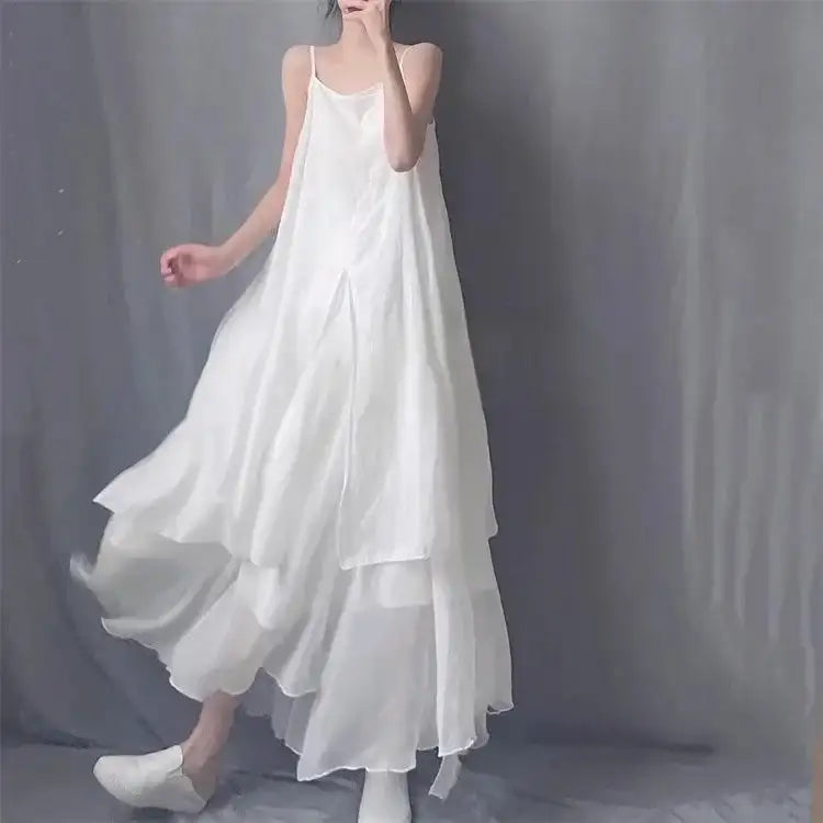 2024 Cotton Linen Women's Summer New Dress Artistic Range Medium Long Dress Sleeveless Tank Irregular Large Flounce - Lootquake