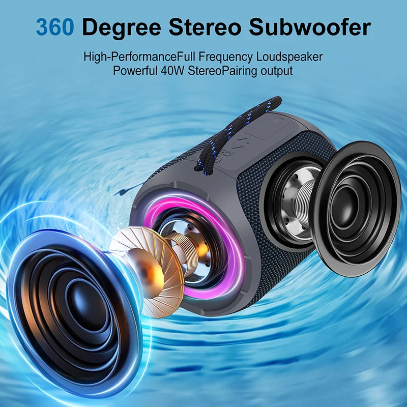 Altavoz Bluetooth portátil, subwoofer estéreo de 360 grados, resistente al agua IPX7, con iluminación, compatible con TF, TWS, inalámbrico, 40 W, para exteriores.