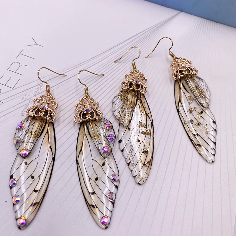 New Handmade Fairy Simulation Wing Earrings Insect Butterfly Wing Drop Earrings Foil Rhinestone Earrings Romantic Bridal Jewelry - Lootquake