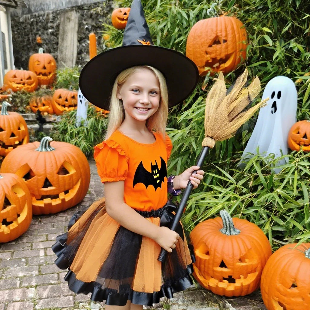 Girl's Halloween Witch Costume Set for Cosplay Parties Includes Breathable Soft Lining Skirt Broom Hat for Children