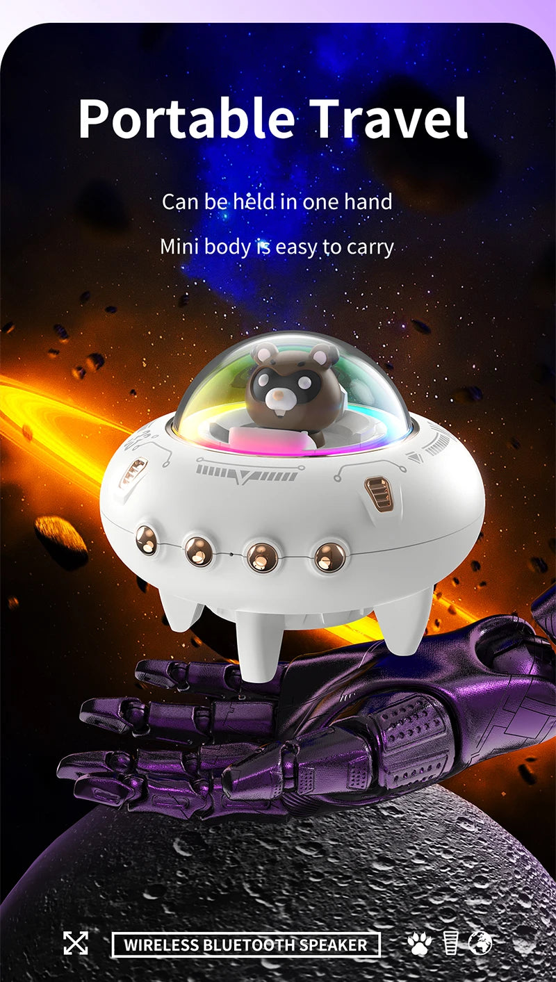 Mini haut-parleur portable Bluetooth avec éclairage LED RGB, design OVNI, vaisseau spatial, haut-parleur sans fil, idéal comme cadeau, compatible TF