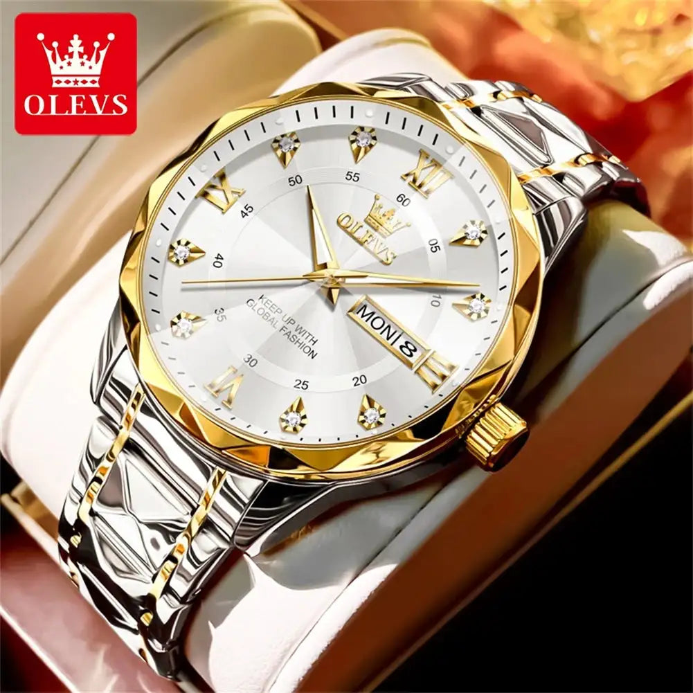 OLEVS Original Fashionable Men's Quartz Watch Top Luxury Brand Waterproof Stainless Steel Diamond Date Week Men's Business Watch - Lootquake