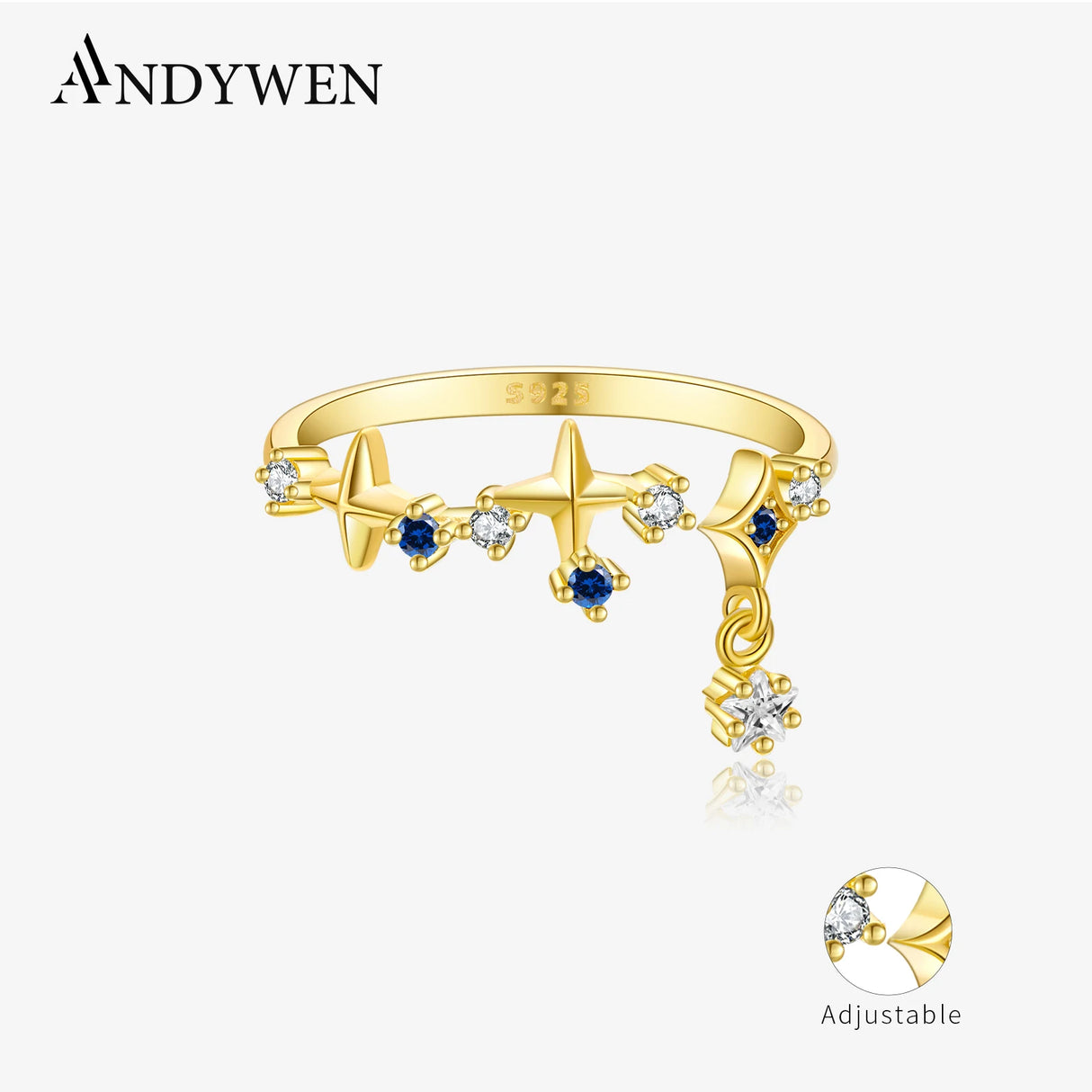 ANDYWEN 925 Sterling Silver Star Round Inlay Blue Zircon CZ Adjustable Open Ring Women Luxury Wedding Gift Dainty Jewelry - Lootquake