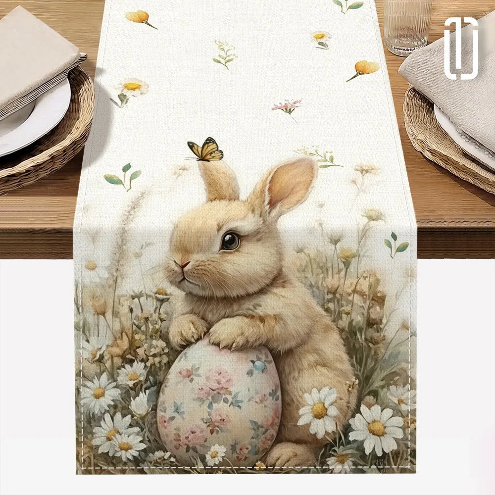 1pc Easter Bunny and Floral Egg Table Runner for Spring Holiday Home Decor, Easter Celebration Tablecloth Gift Idea - Lootquake