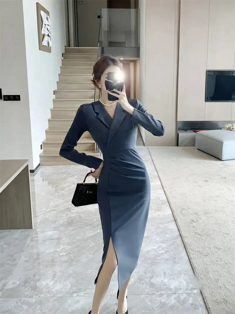 Women Pink Pleated Bodycon Formal Long Dress Autumn Winter Long Sleeve Chic Suit Dress 2025 Korean Fashion Elegant Party Dresses - Lootquake