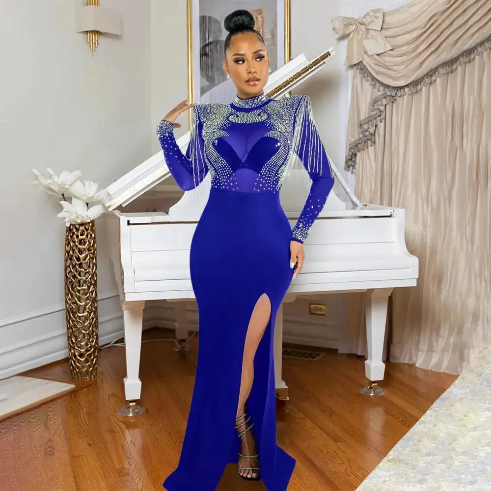 CM.YAYA Women Mesh See Through Long Sleeve Diamonds Hot Rhinestones Mermaid Long Dress Fall Evening Sexy Party Dresses Vestidos - Lootquake