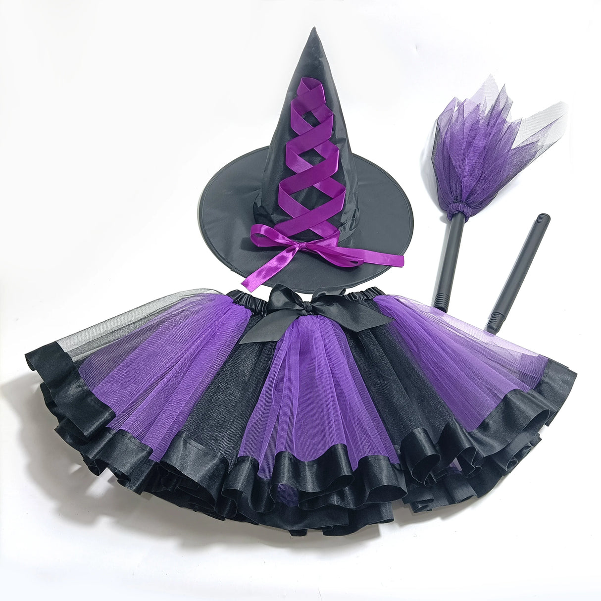 Girl's Halloween Witch Costume Set for Cosplay Parties Includes Breathable Soft Lining Skirt Broom Hat for Children