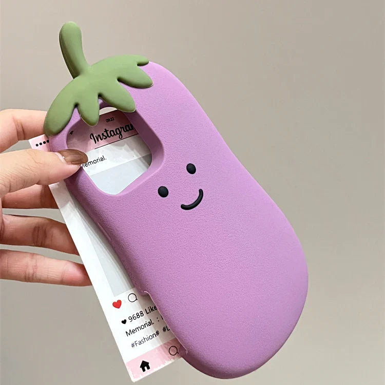 Funda de silicona suave para teléfono con diseño de berenjena feliz kawaii