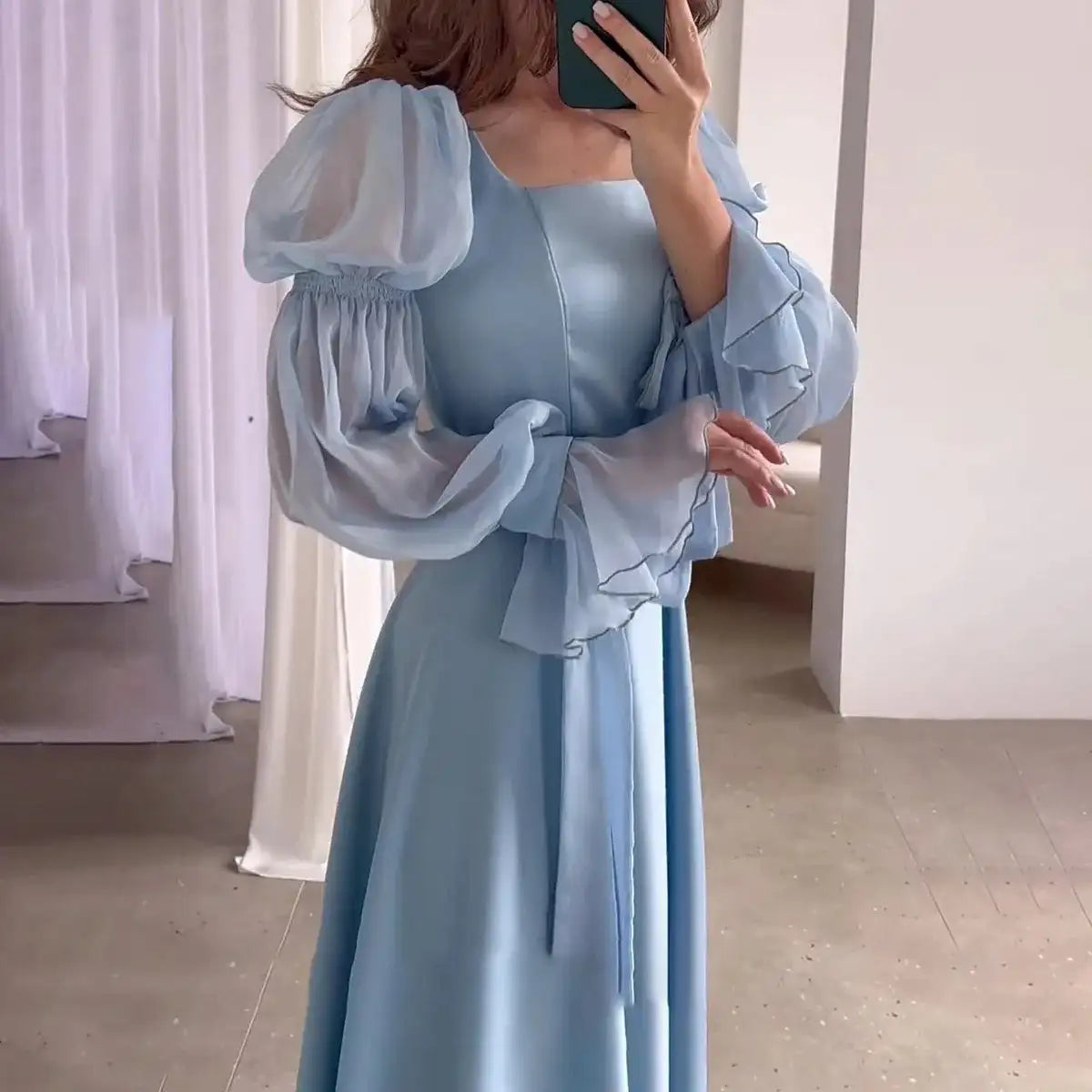 Eid Muslim Party Dress Women Sweet Puff Sleeve Long Dress Square Collar Vestidos Largo Ramadan Abayas Dubai Arab Long Robe 2024 - Lootquake