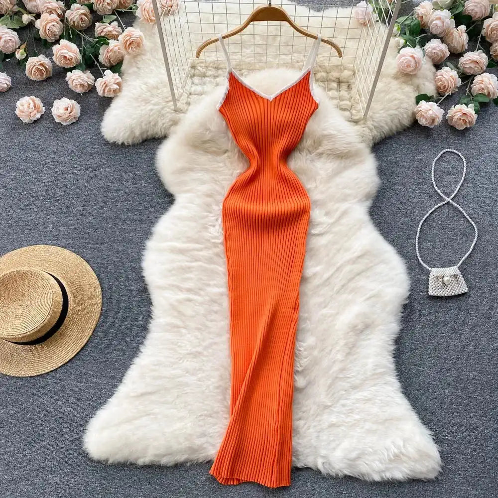 Summer V Neck Knit Sexy Strap Dress Women Elatic Waist Bodycon Sundress Female Beach Backless Maxi Long Dress - Lootquake