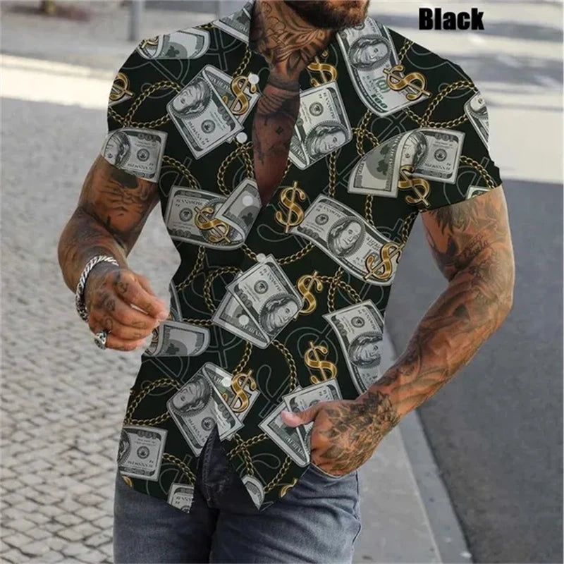 3D Print Dollar Pattern Shirts For Men Summer Short Sleeve Slim-Fit Button Up Casual Shirts Streetwear Mens Shirt Blouses Tops - Lootquake