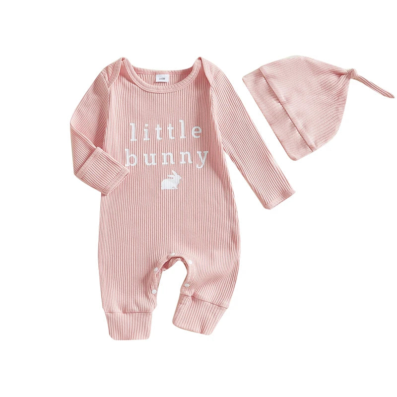Adorable Easter Bunny Print Romper with Matching Hat for Baby s First Easter Celebration - Long Sleeve Round Neck Jumpsuit - Lootquake