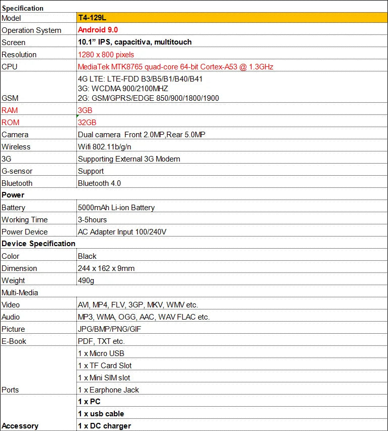 Tablette PC 10,1 pouces T4-129L, 3 Go de RAM, 32 Go de ROM, Android 9.0, MTK8765 Quad Core, 1280 x 800 pixels, Wi-Fi, meilleures ventes