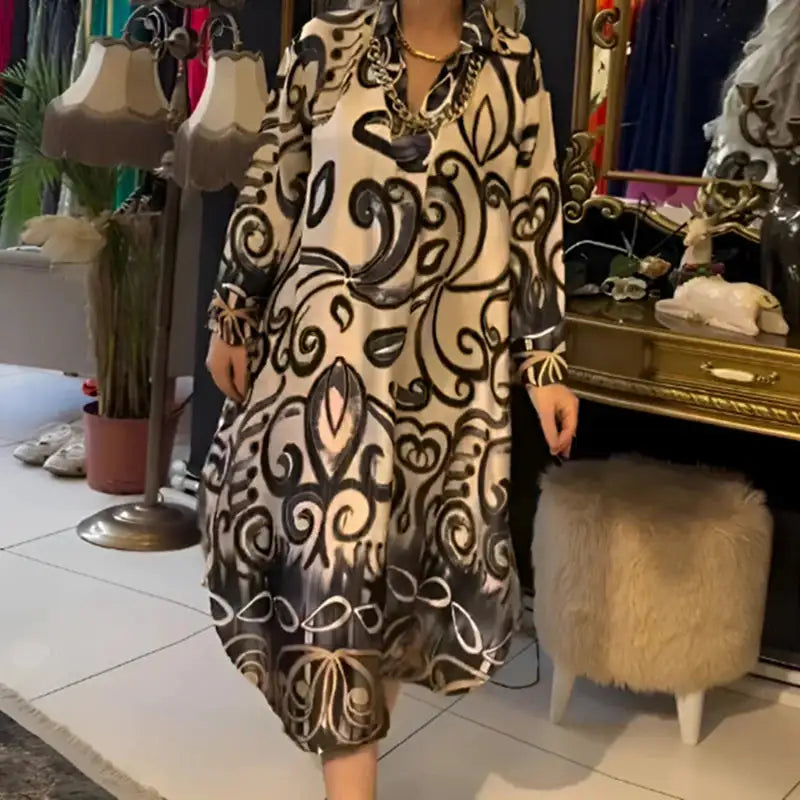 Vintage Fashion Printed V-neck Long Dress Women Spring Long-sleeved Loose Bohemian Dress Autumn Casual A-Line Maxi Dress Vestido - Lootquake