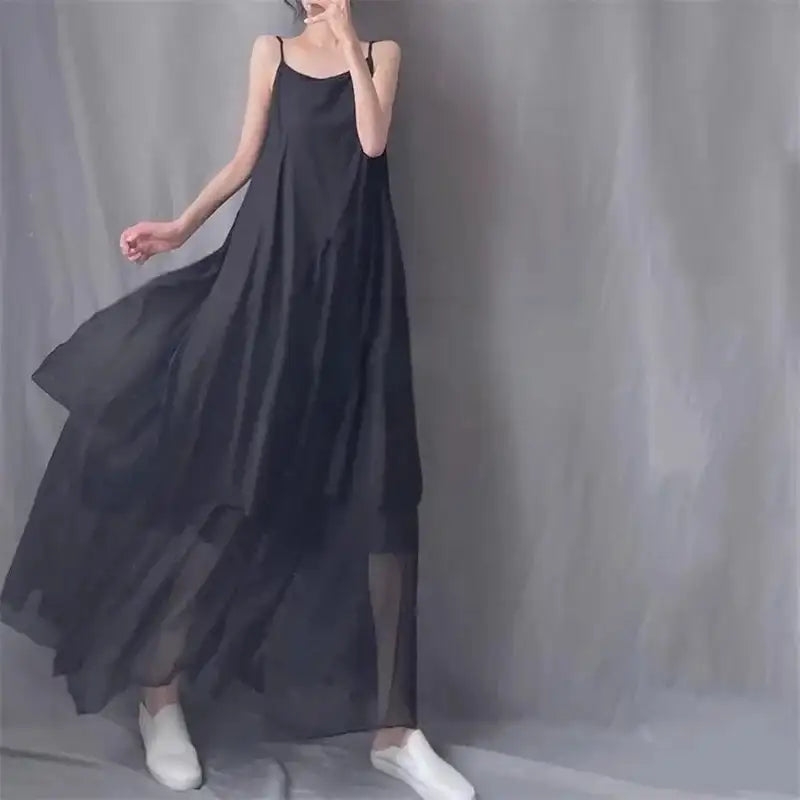 2024 Cotton Linen Women's Summer New Dress Artistic Range Medium Long Dress Sleeveless Tank Irregular Large Flounce - Lootquake