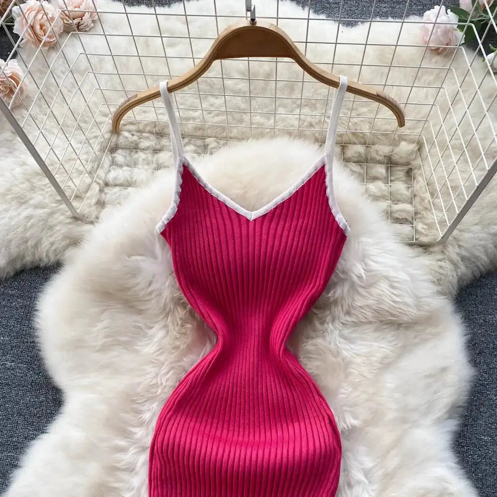 Summer V Neck Knit Sexy Strap Dress Women Elatic Waist Bodycon Sundress Female Beach Backless Maxi Long Dress - Lootquake