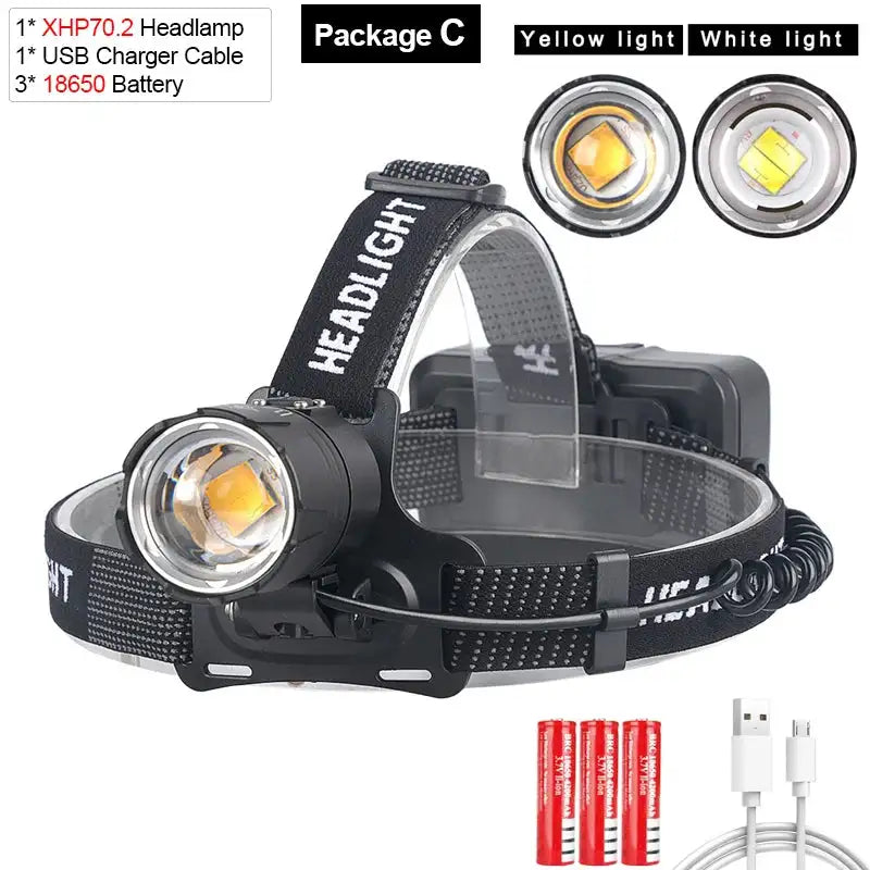 Linterna frontal LED XHP70.2 con 3 pilas 18650, linterna frontal LED amarilla o blanca más potente, ideal para pesca, camping y zoom.