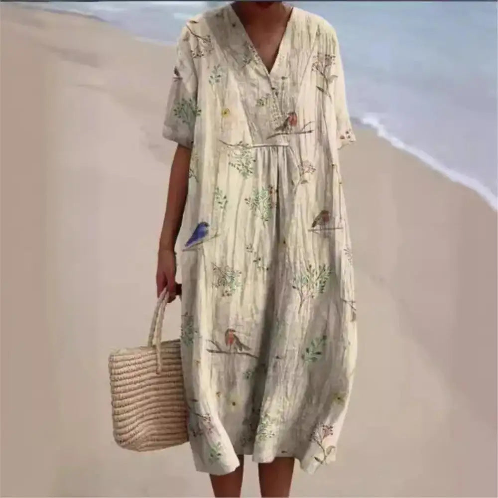 Casual Short Sleeved V-neck Big Swing Dress 2024 New Women's Loose Printed Long Dress Female Retro Flower Print Pullover Dresses - Lootquake