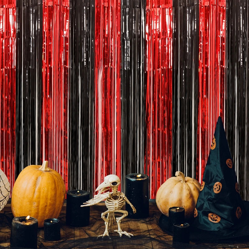 Rideau de pluie en soie avec pompons métalliques, décoration d'Halloween, noir et rouge, orange, 1 x 2 m