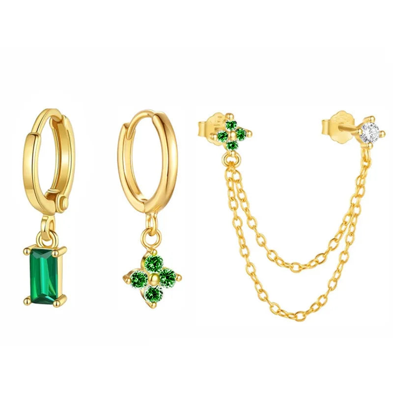 3PCS New Fashion Four Zircon Flower Hoop Earring Set For Women Stainless Steel Double Stud Chain Tassel Huggie Piercing Jewelry - Lootquake