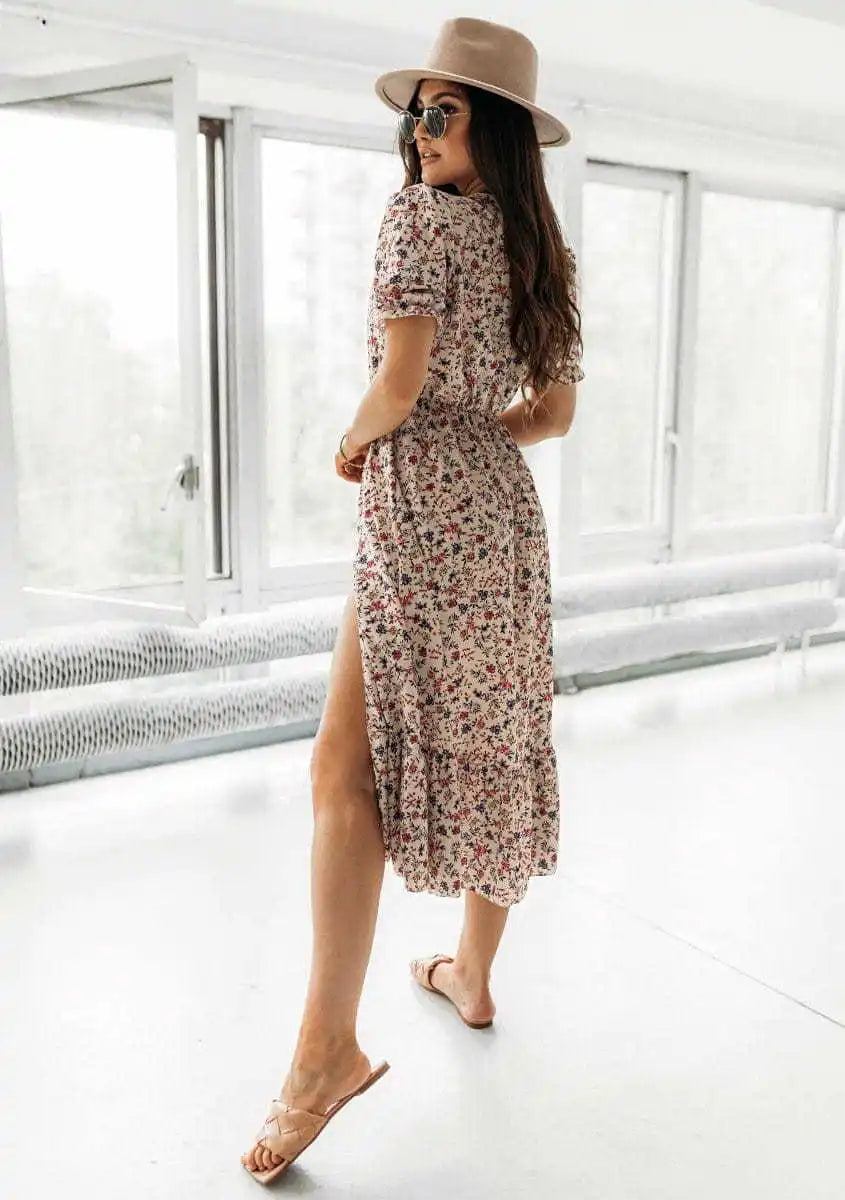 Summer Floral Print Dress Women V Neck Side Slit Long Dress Elegant Short Sleeve Button Slim Spring Female Party Dress Vestidos