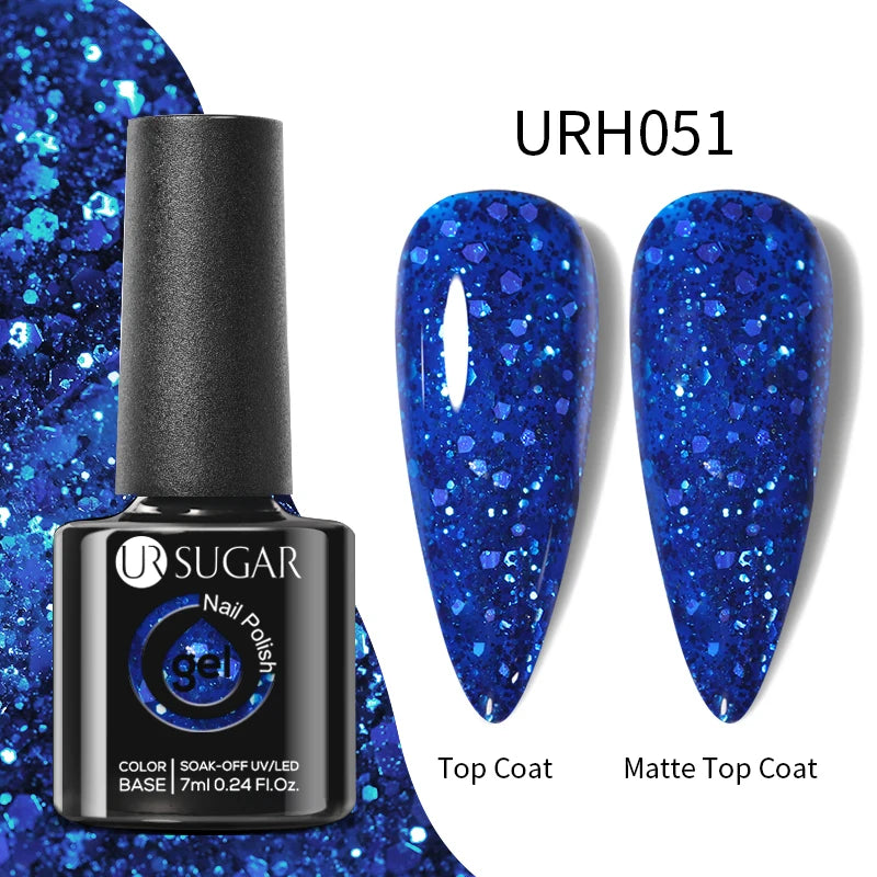 UR SUGAR Esmalte de uñas en gel con base de goma, color azul, dorado, con brillo, capa superior, esmalte de uñas en gel UV LED, para manicura