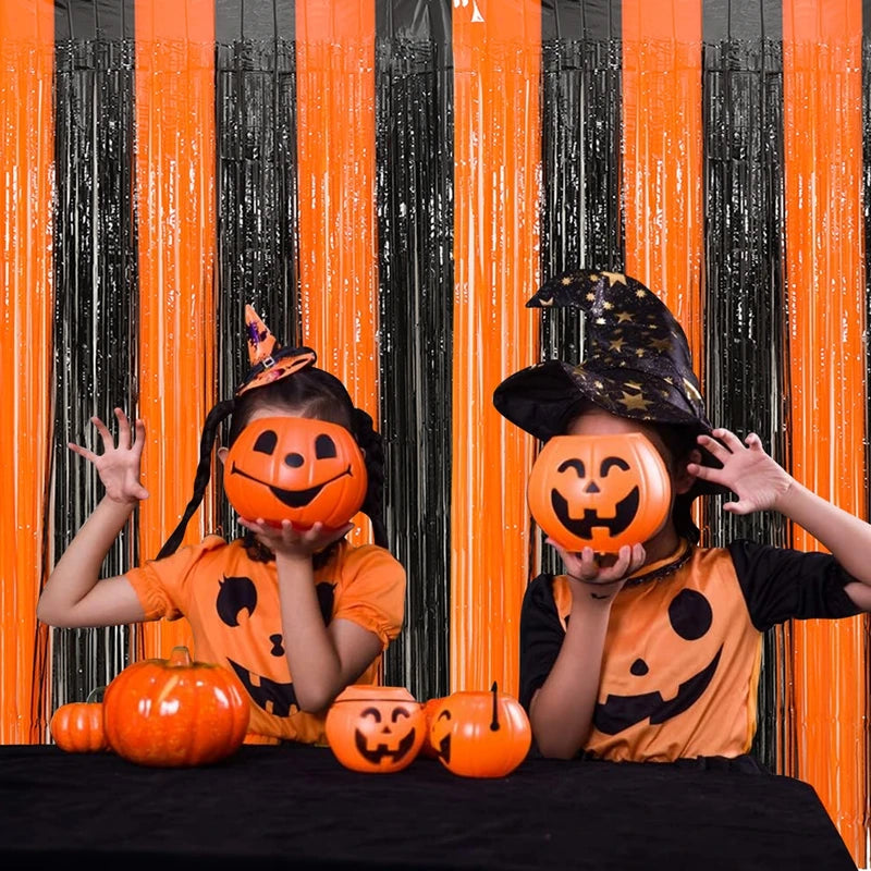 Rideau de pluie en soie avec pompons métalliques, décoration d'Halloween, noir et rouge, orange, 1 x 2 m
