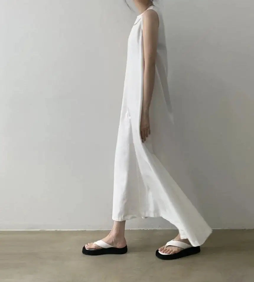 2022 Minimalist Chic Loose Swing Sleeveless Mid-length Casual Cotton Linen Long Dress Round Neck High Waist Women Runway Dress - Lootquake