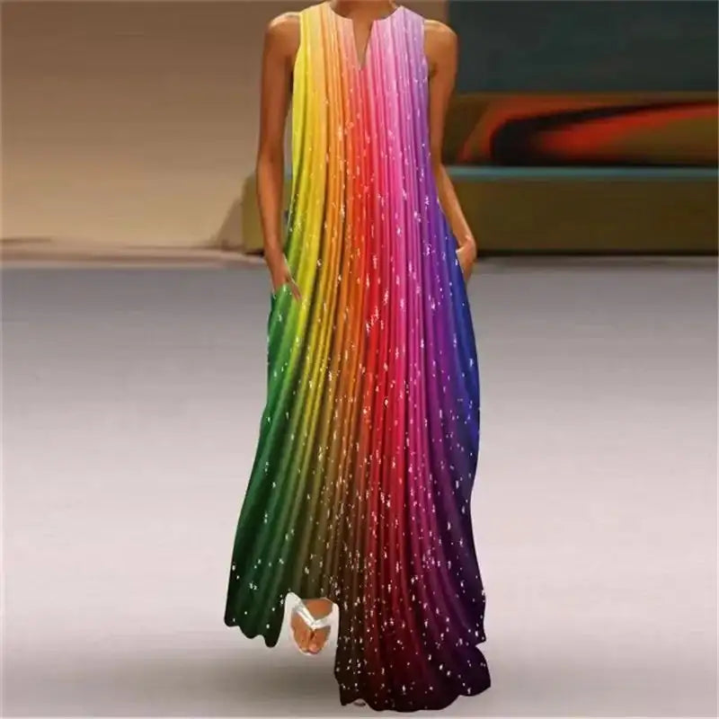 Rainbow Gradient Print Elegant Women's Dress 2024 Summer Sexy Sleeveless V-neck Evening Long Dress Women Casual Party Maxi Dress - Lootquake