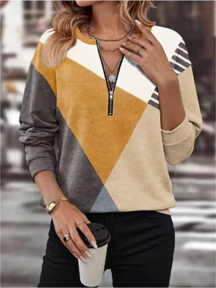 Color Blocked Printed Long Sleeved Zipper V-neck Women's T-shirt High Street Fashion Elegant Commuting Style Autumn Top - Lootquake
